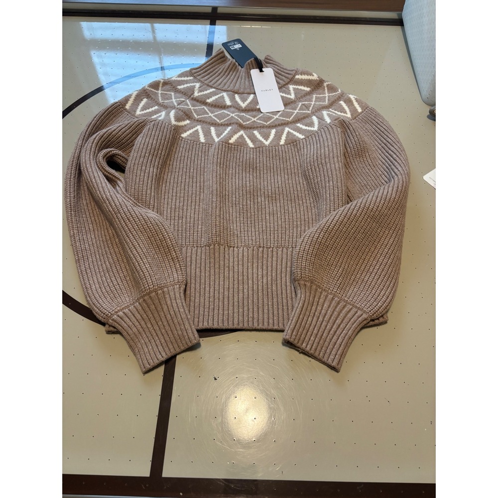 Varley Marcie Fairisle Yoke Knit Sweater Mushroom Brown White Mock Neck S NWT